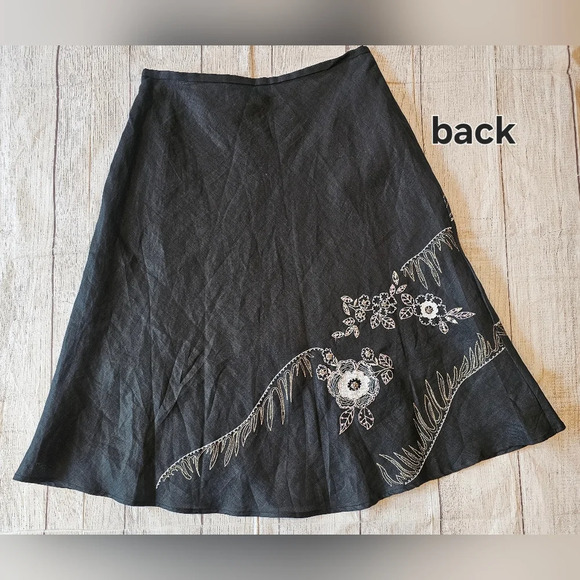 Anne Carson Size 8• 100% Linen Black Lined Embroidered Beaded Midi Skirt Fairy - Picture 7 of 9